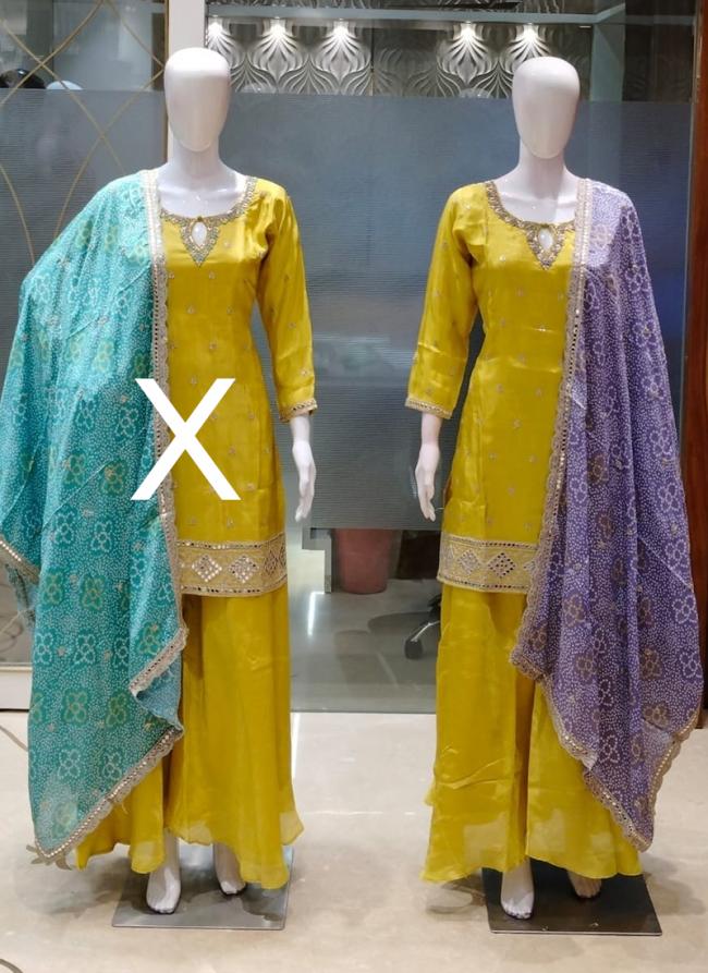 Chiffon Yellow Party Wear Sequins Work Readymade Plazzo Suit